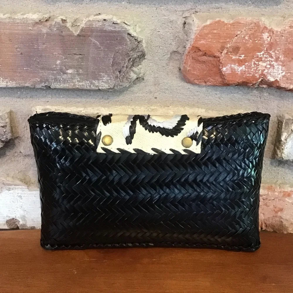 KULTURA Women’s Embroidery Basket Woven Black Clutch Bag